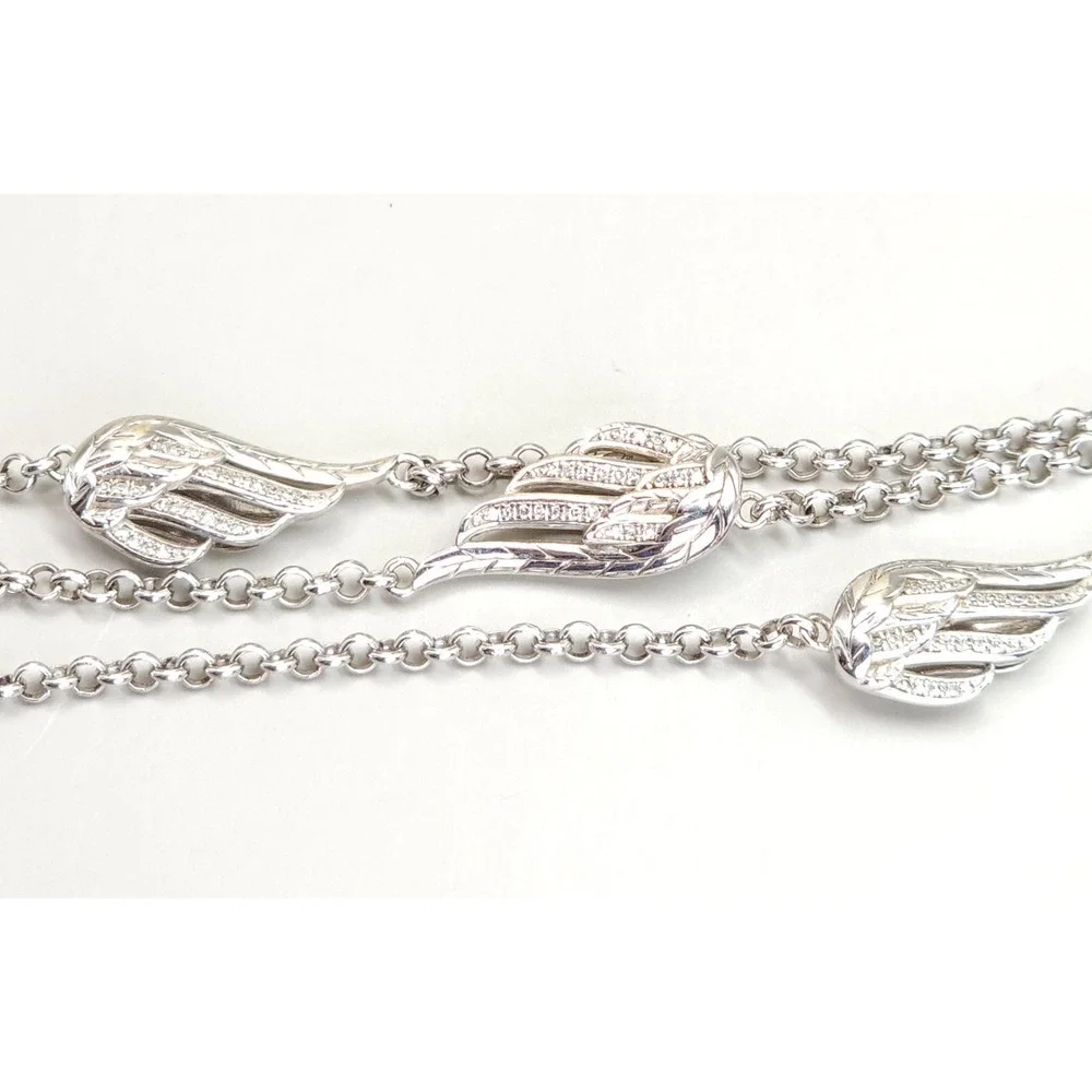 925 Sterling Silver Diamond Angel Wing 5 Station Necklace 24